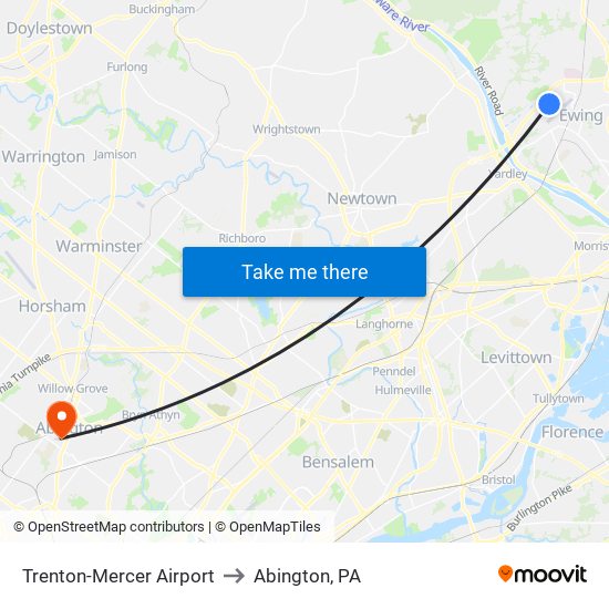 Trenton-Mercer Airport to Abington, PA map