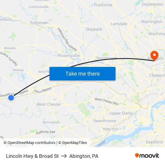 Lincoln Hwy & Broad St to Abington, PA map