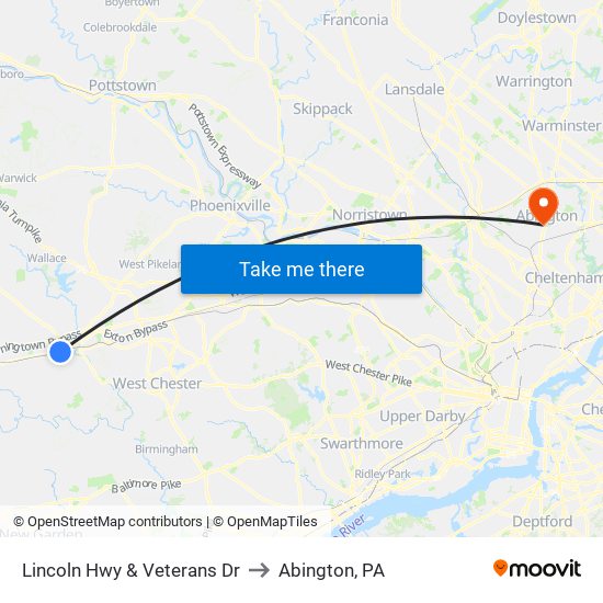 Lincoln Hwy & Veterans Dr to Abington, PA map