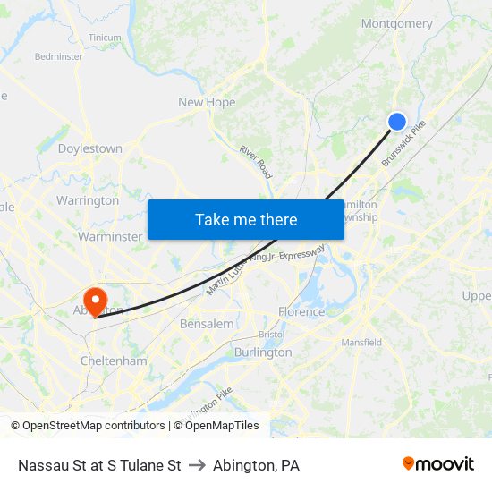 Nassau St at S Tulane St to Abington, PA map