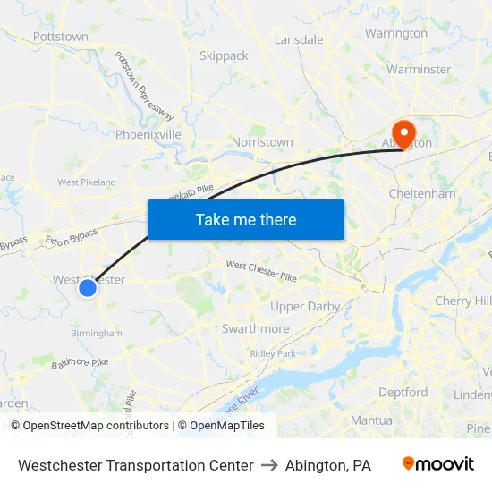 Westchester Transportation Center to Abington, PA map