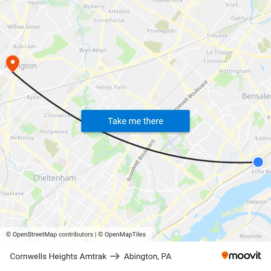 Cornwells Heights Amtrak to Abington, PA map
