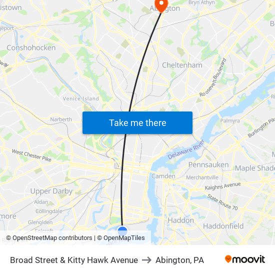 Broad Street & Kitty Hawk Avenue to Abington, PA map