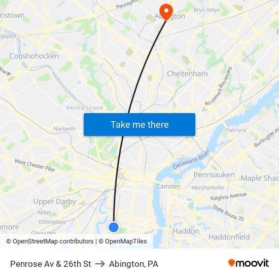 Penrose Av & 26th St to Abington, PA map
