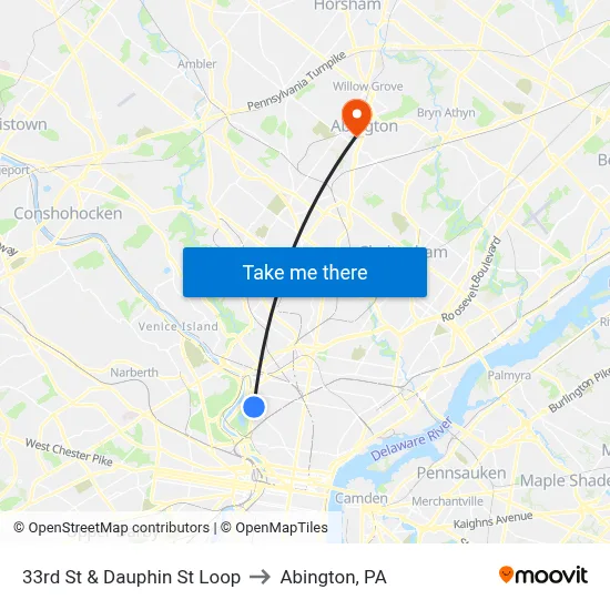33rd St & Dauphin St Loop to Abington, PA map