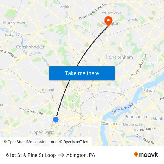 61st St & Pine St Loop to Abington, PA map