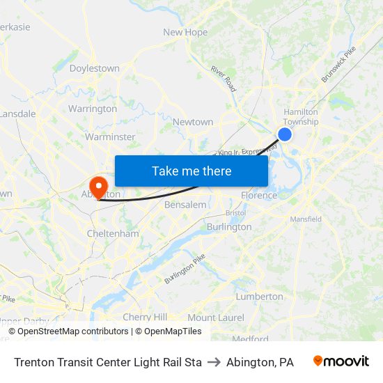 Trenton Transit Center Light Rail Sta to Abington, PA map