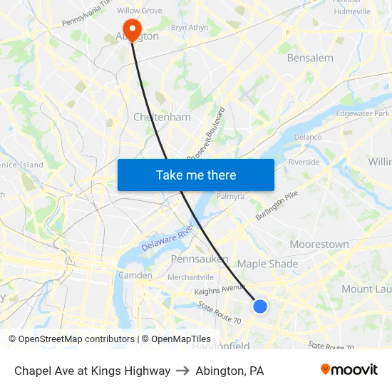 Chapel Ave at Kings Highway to Abington, PA map