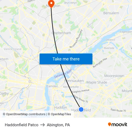 Haddonfield Patco to Abington, PA map