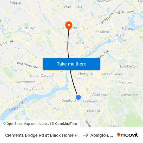 Clements Bridge Rd at Black Horse Pike to Abington, PA map