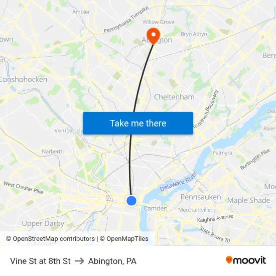 Vine St at 8th St to Abington, PA map