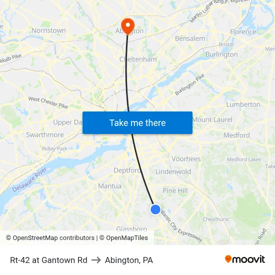 Rt-42 at Gantown Rd to Abington, PA map