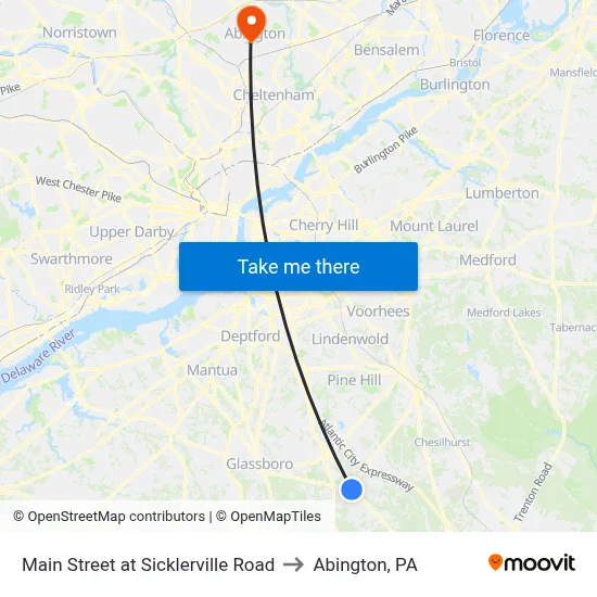 Main Street at Sicklerville Road to Abington, PA map