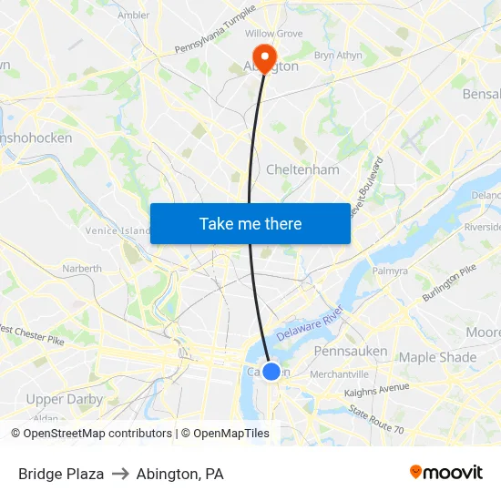 Bridge Plaza to Abington, PA map