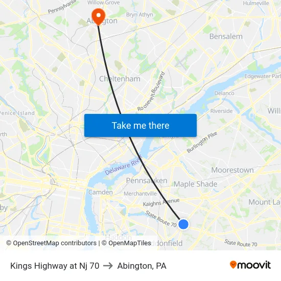 Kings Highway at Nj 70 to Abington, PA map