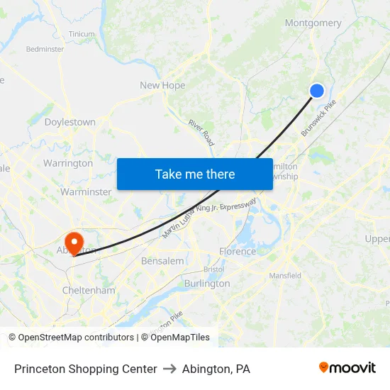 Princeton Shopping Center to Abington, PA map