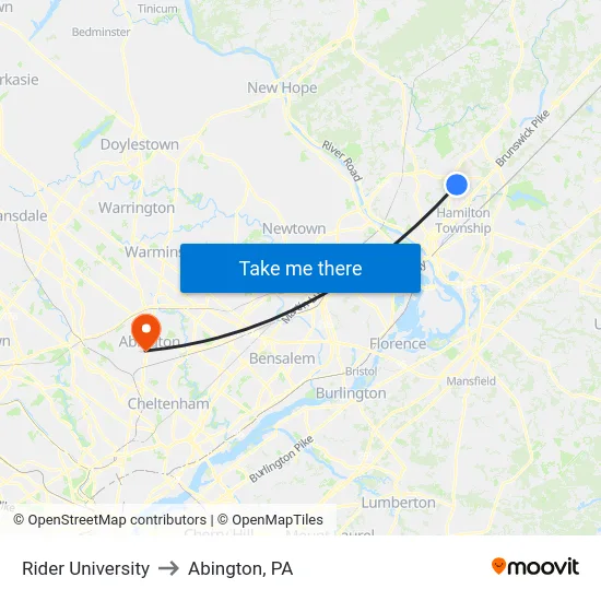 Rider University to Abington, PA map