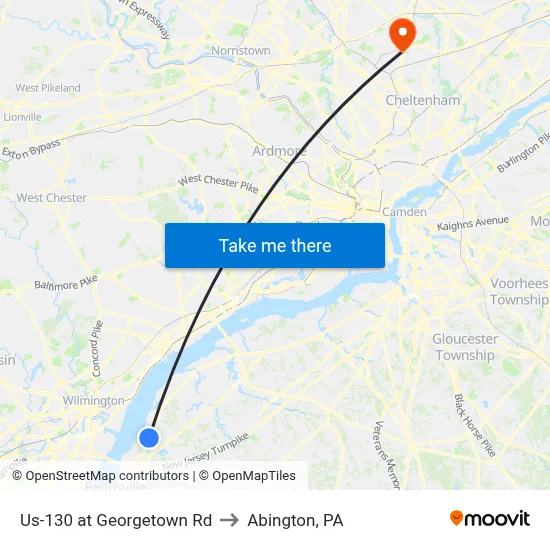 Us-130 at Georgetown Rd to Abington, PA map