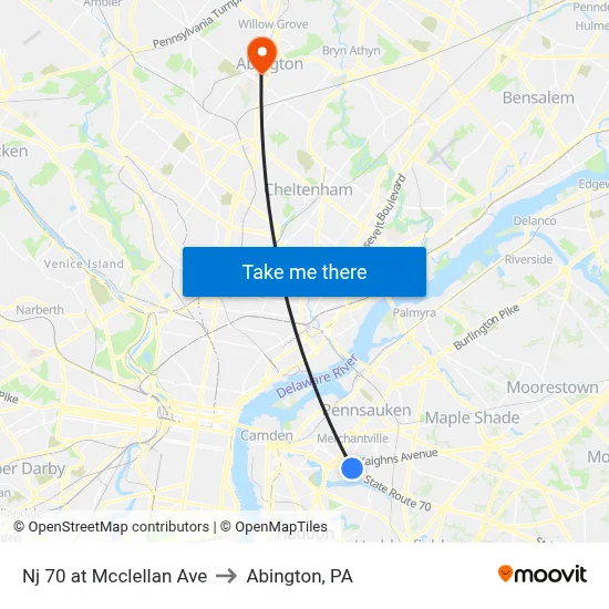Nj 70 at Mcclellan Ave to Abington, PA map