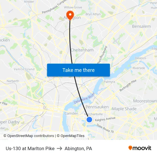 Us-130 at Marlton Pike to Abington, PA map