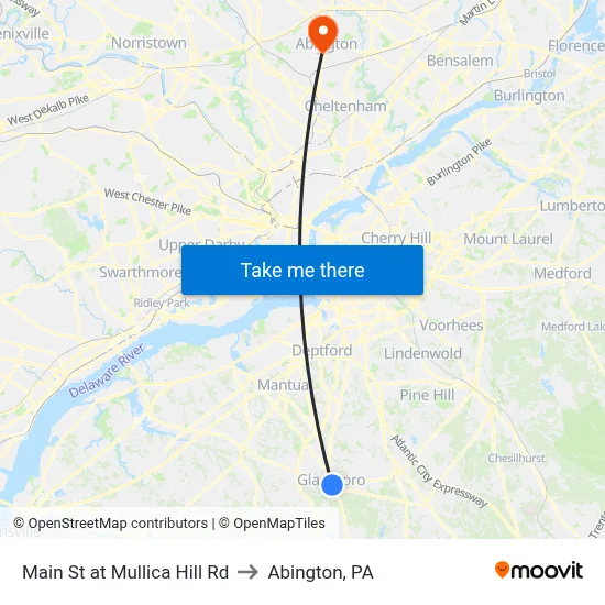 Main St at Mullica Hill Rd to Abington, PA map