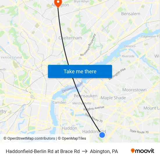 Haddonfield-Berlin Rd at Brace Rd to Abington, PA map