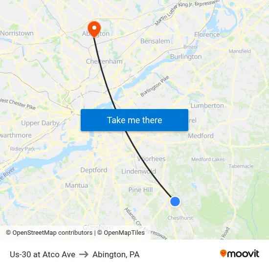 Us-30 at Atco Ave to Abington, PA map