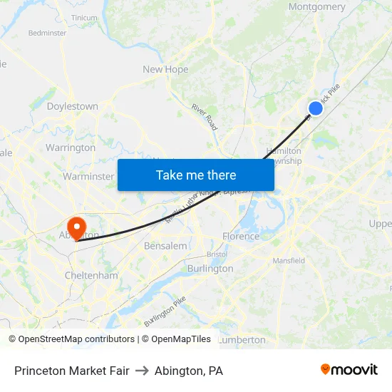 Princeton Market Fair to Abington, PA map