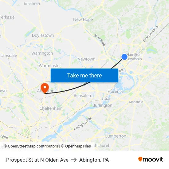 Prospect St at  N Olden Ave to Abington, PA map