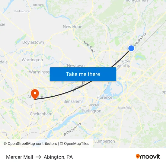 Mercer Mall to Abington, PA map