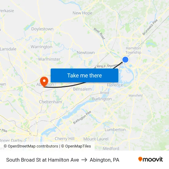 South Broad St at Hamilton Ave to Abington, PA map