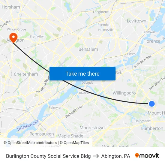 Burlington County Social Service Bldg to Abington, PA map