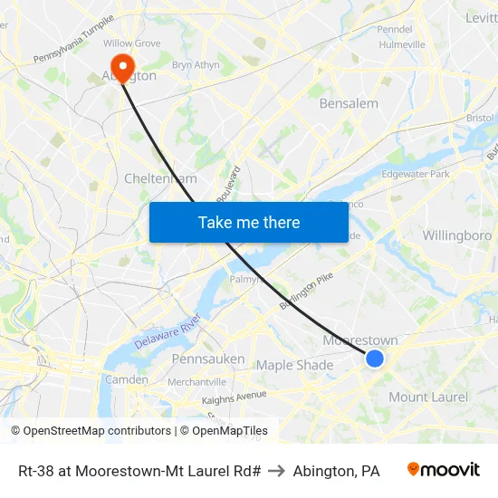 Rt-38 at Moorestown-Mt Laurel Rd# to Abington, PA map