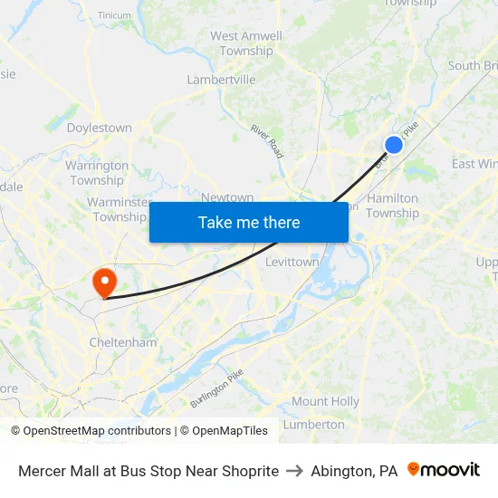 Mercer Mall at Bus Stop Near Shoprite to Abington, PA map
