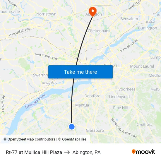 Rt-77 at Mullica Hill Plaza to Abington, PA map