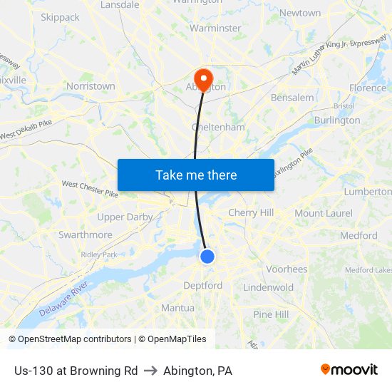 Us-130 at Browning Rd to Abington, PA map