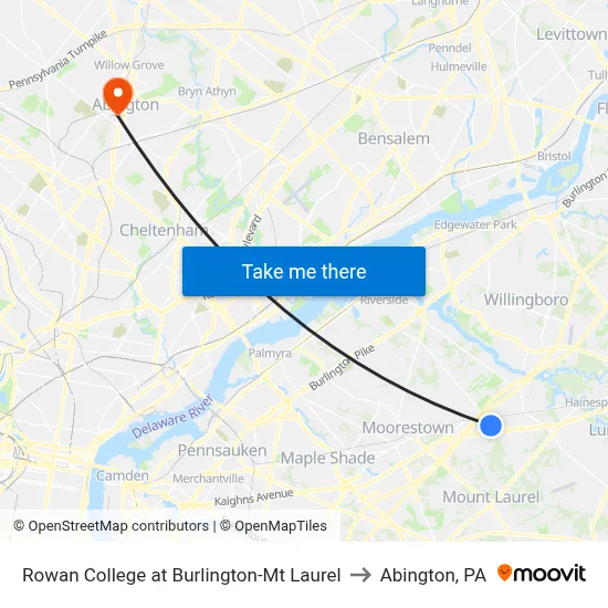 Rowan College at Burlington-Mt Laurel to Abington, PA map
