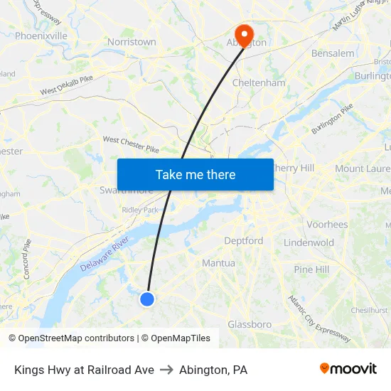 Kings Hwy at Railroad Ave to Abington, PA map