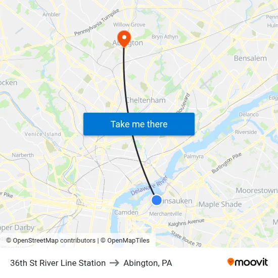 36th St River Line Station to Abington, PA map