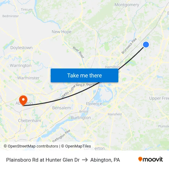 Plainsboro Rd at Hunter Glen Dr to Abington, PA map