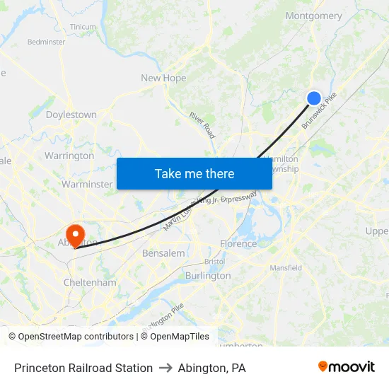 Princeton Railroad Station to Abington, PA map
