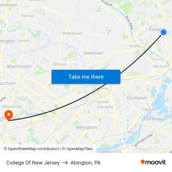 College Of New Jersey to Abington, PA map