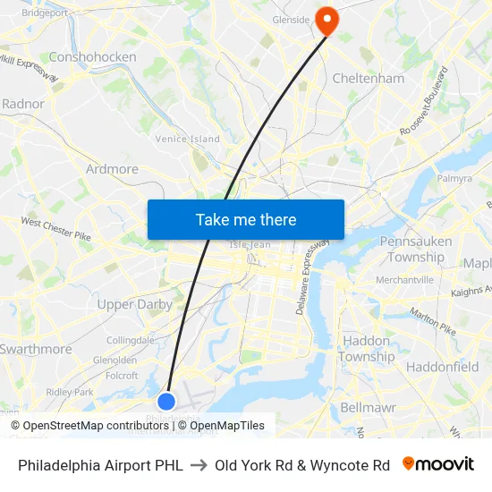 Philadelphia Airport PHL to Old York Rd & Wyncote Rd map