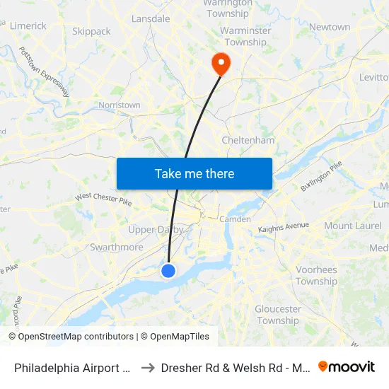 Philadelphia Airport PHL to Dresher Rd & Welsh Rd - MBFS map