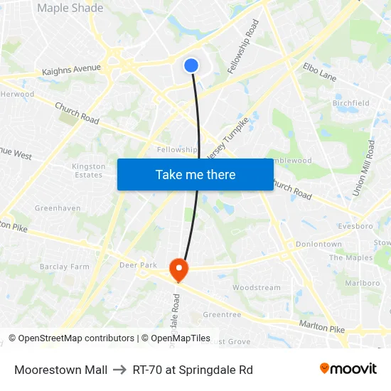Moorestown Mall to RT-70 at Springdale Rd map