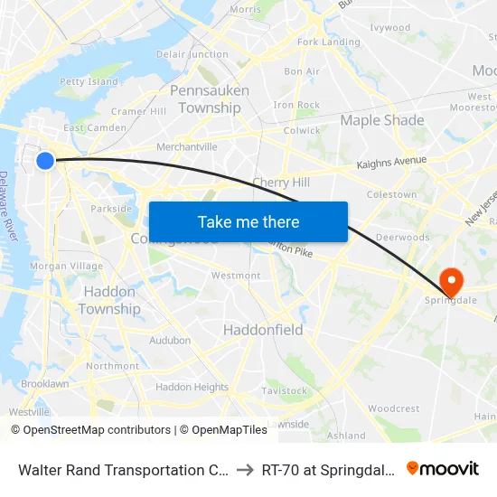Walter Rand Transportation Center to RT-70 at Springdale Rd map