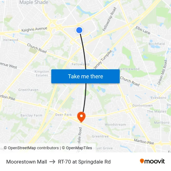 Moorestown Mall to RT-70 at Springdale Rd map