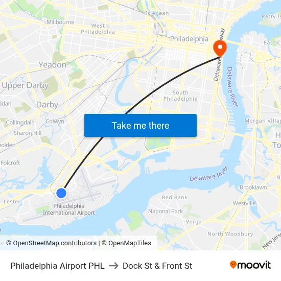 Philadelphia Airport PHL to Dock St & Front St map