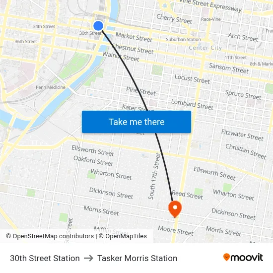 30th Street Station to Tasker Morris Station map