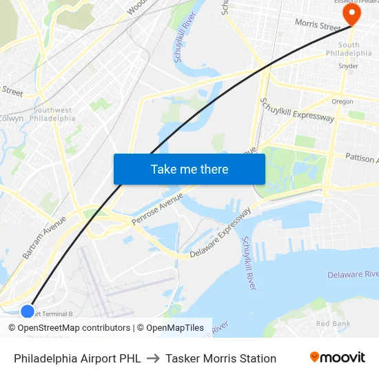 Philadelphia Airport PHL to Tasker Morris Station map